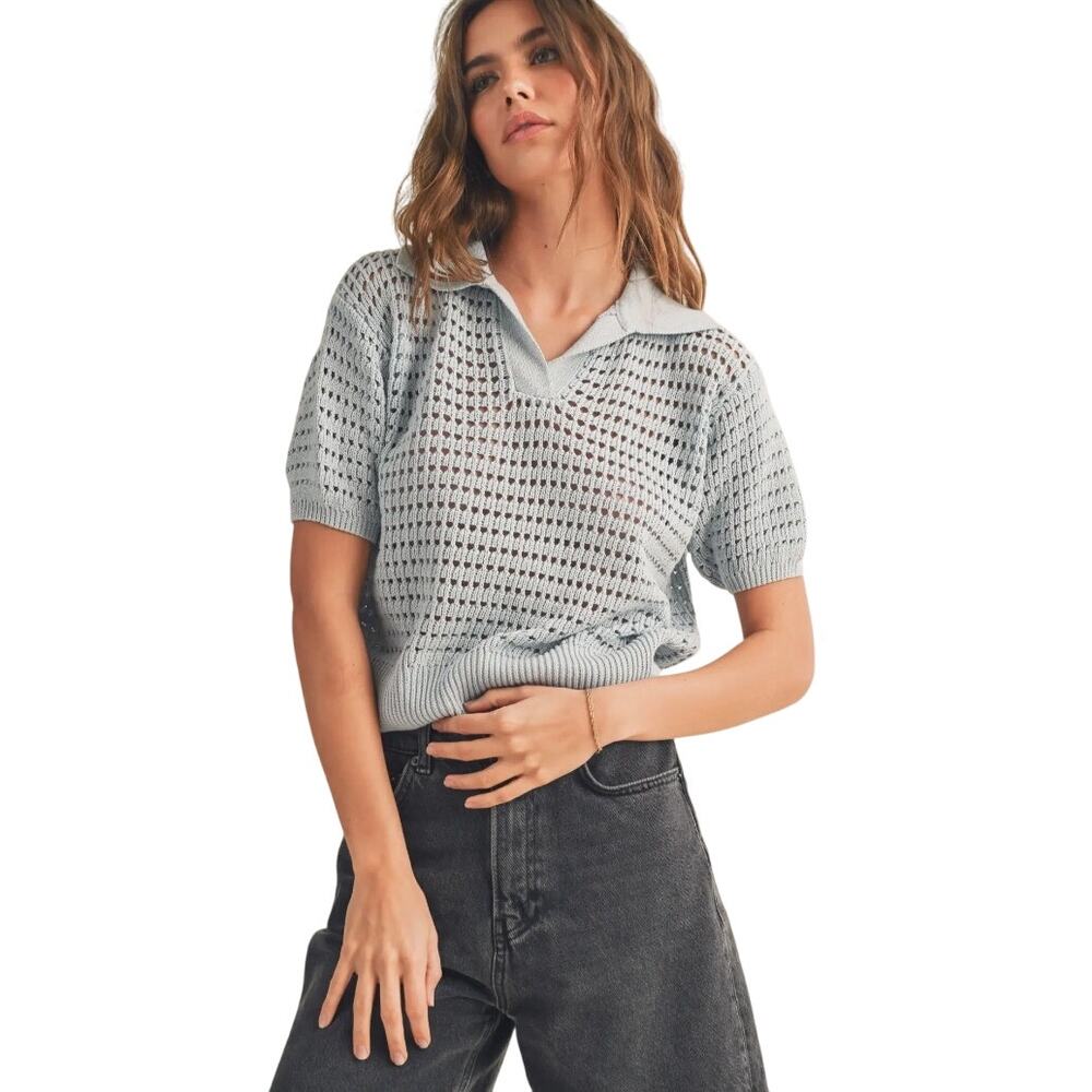 NWT Miou Muse Dusty Blue Retro Crochet Knit Collared Top Size M